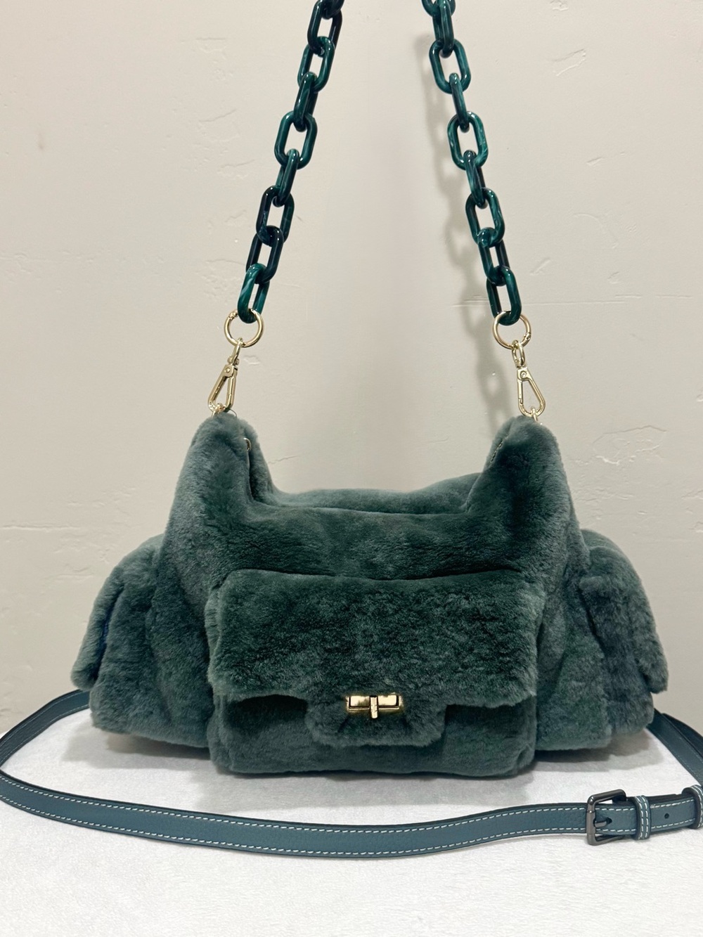 Sage Green Shearling Leather Handcrafted Retro Boho Style Shoulder Bag/Crossbody